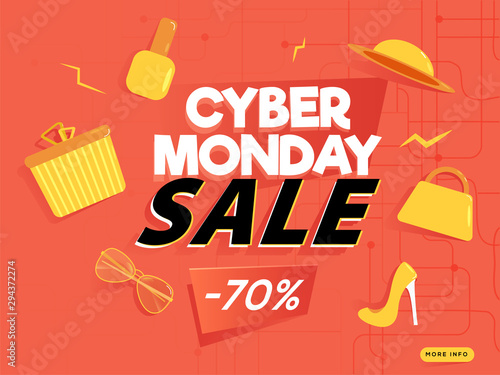 Cyber Monday Sale poster or banner design, 70% discount offer with shopping elements on orange background.
