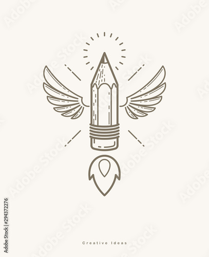 Pencil with wings launching like a rocket start up, creative energy genius artist or designer, vector design and creativity logo or icon, art startup.