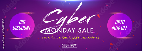 Big discount sale upto 40% flat offer on Cyber Monday Sale. Shiny purple website header or banner design.