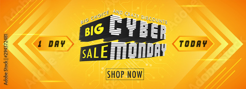 Big Sale advertising banner design with 3D creative text Cyber Monday on orange background.