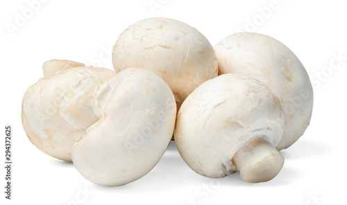A small bunch of fresh champignons on a white isolated background. Side view. Clipping path.