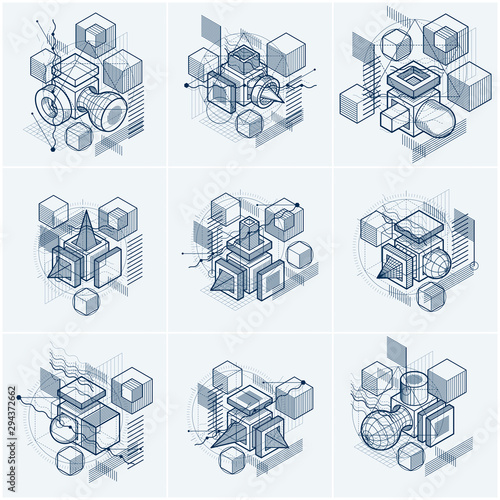 Abstract isometrics backgrounds, 3d vector layout. Compositions of cubes, hexagons, squares, rectangles and different abstract elements. Vector collection.