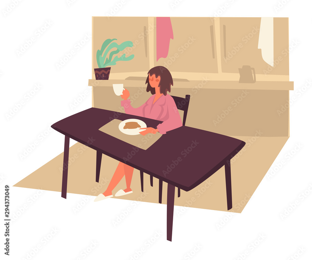 Woman eating morning breakfast at kitchen and drink coffee