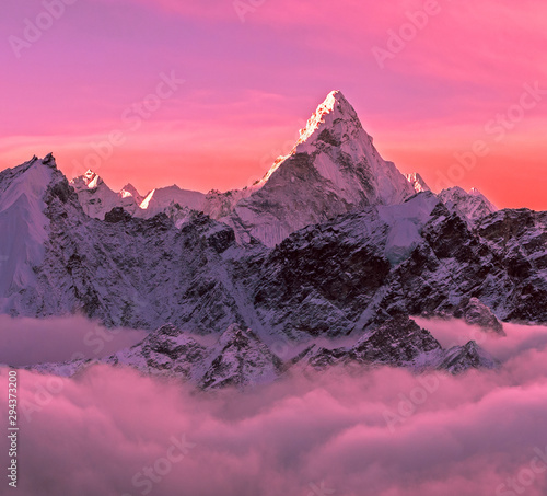 Greatness of nature concept. Majestic Ama Dablam peak (6856 m) at sunrise. Nepal, Himalayas
