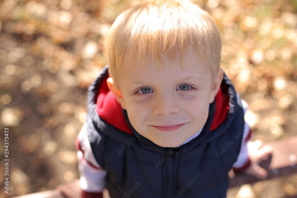 Close-up of the face of a small smiling boy on a bench in the autumn Park in Sunny weather.