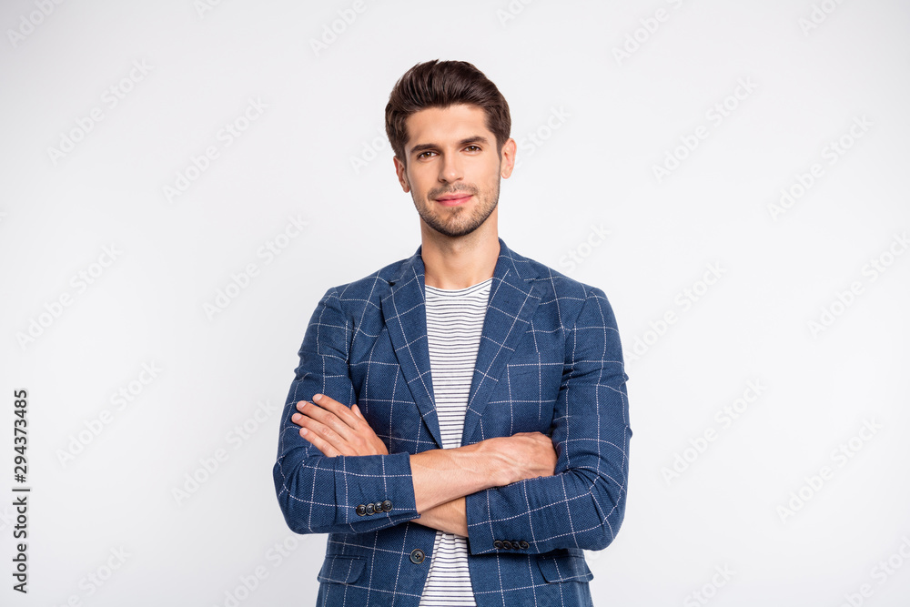 Portrait of pensive worker cross hands wear plaid blazer jacket isolated over white background Portrait of pensive worker cross hands wear plaid blazer jacket isolated over white background