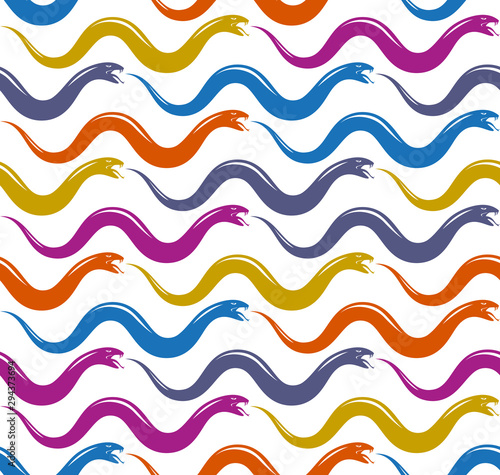 Repeat snakes seamless vector pattern, tiling endless background with venom reptiles in vintage style, subculture rock n roll and hard rock theme.