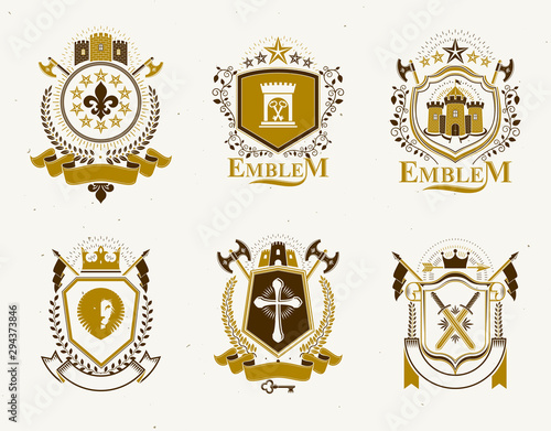 Set of old style heraldry vector emblems, vintage illustrations decorated with monarch accessories, towers, pentagonal stars, weapon and armory. Coat of Arms collection.