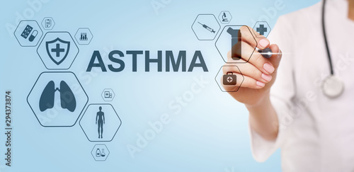 Asthma diagnosis, medical doctor with stethoscope and virtual screen. Modern medical concept.