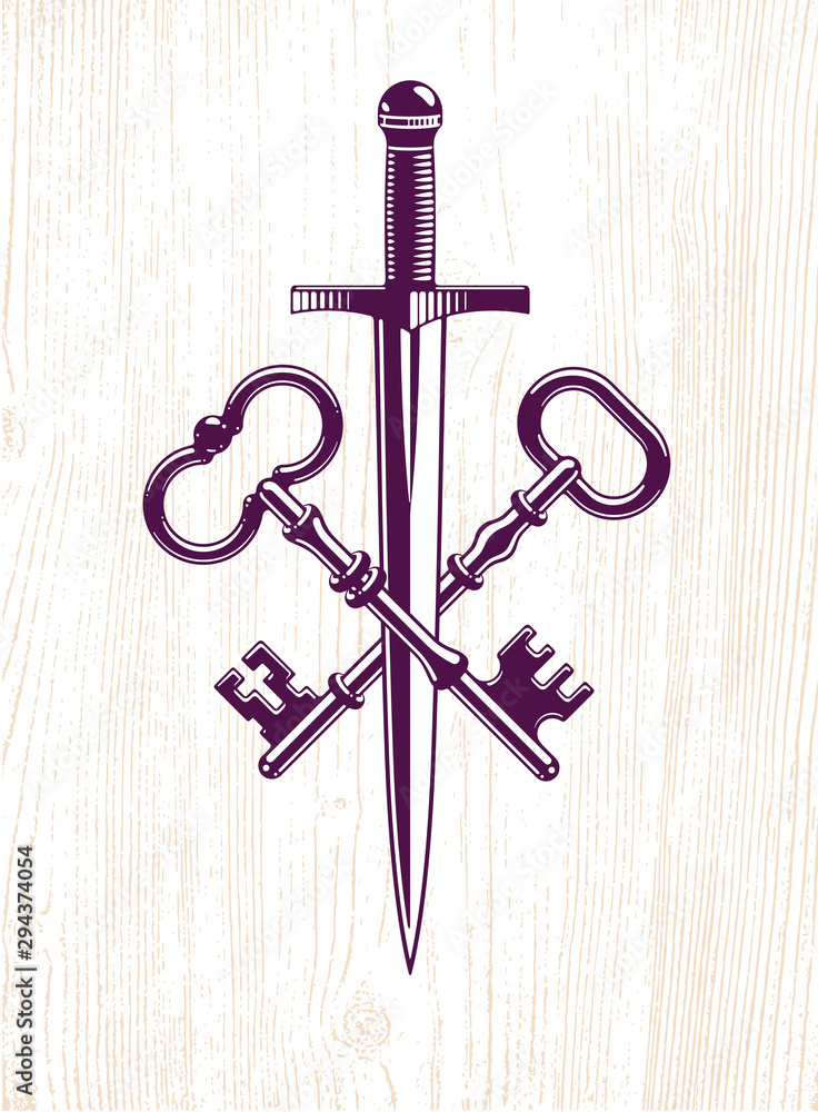 Crossed keys and dagger vector symbol emblem, turnkeys and sword