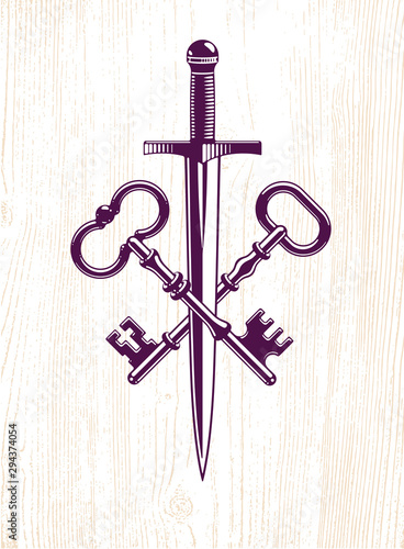 Crossed keys and dagger vector symbol emblem, turnkeys and sword, protected secrets, secured power, ancient vintage logo or emblem Fototapeta