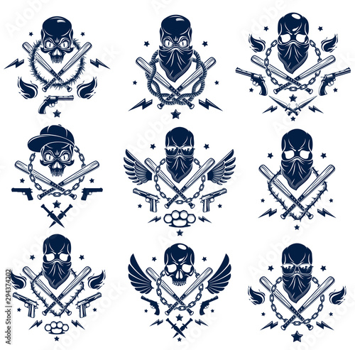 Criminal tattoo ,gang emblem or logo with aggressive skull baseball bats and other weapons and design elements, vector set, bandit ghetto vintage style, gangster anarchy or mafia theme.