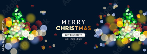 2020 New Year. Christmas tree sparkle blur bokeh effect horizontal background . Dark Xmas backdrop. Text Merry Christmas. Vector illustration for web banners invitation poster.
