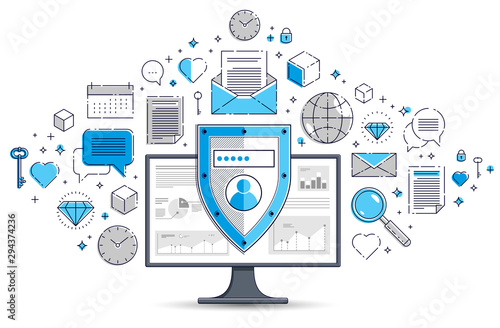 Shield over computer monitor and set of icons, private data security concept, antivirus or firewall, finance protection, vector flat thin line design, elements can be used separately.