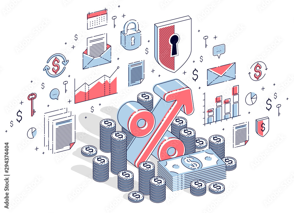 Percentage rate income profit concept, percent symbol with cash money stack isolated on white background. Isometric 3d vector finance illustration with icons, stats charts and design elements.