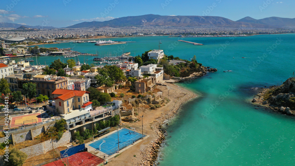 Aerial photo of Piraeus riviera sandy beach next to famous Marina Zeas, Attica, Greece