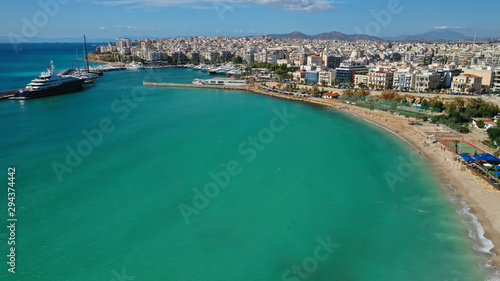 Aerial photo of Piraeus riviera sandy beach next to famous Marina Zeas, Attica, Greece