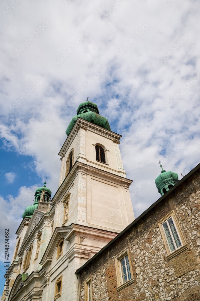 Church of the Assumption of the Blessed Virgin Mary. Sky with white clouds. Krakow, Poland