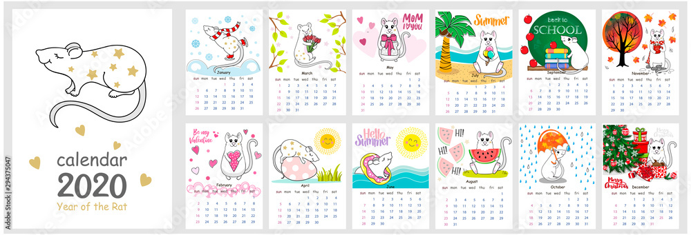 Vector calendar 2020 with Cute Rat. The Chinese calendar 2020 for children with illustration of the main European Holidays Vector calendar 2020 with Cute Rat. The Chinese calendar 2020 for children with illustration of the main European Holidays