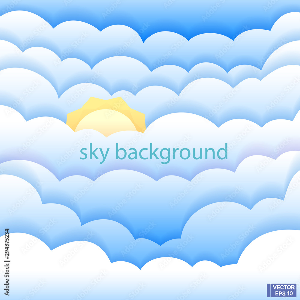 Naklejka Background with white clouds and sun in a paper cut style