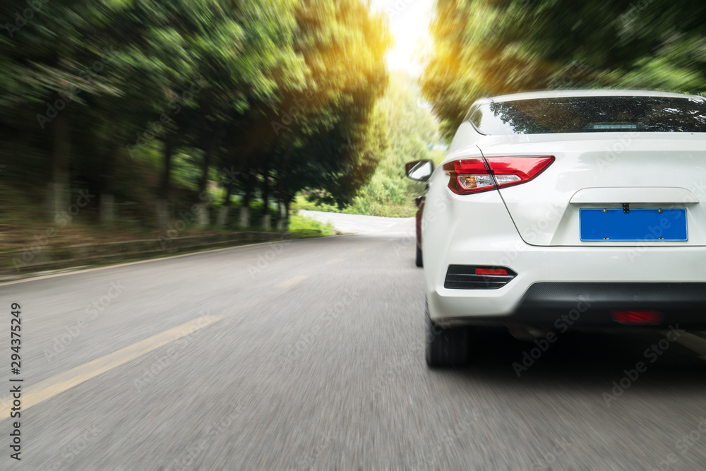 Cars pass through the forest from asphalt road Cars pass through the forest from asphalt road