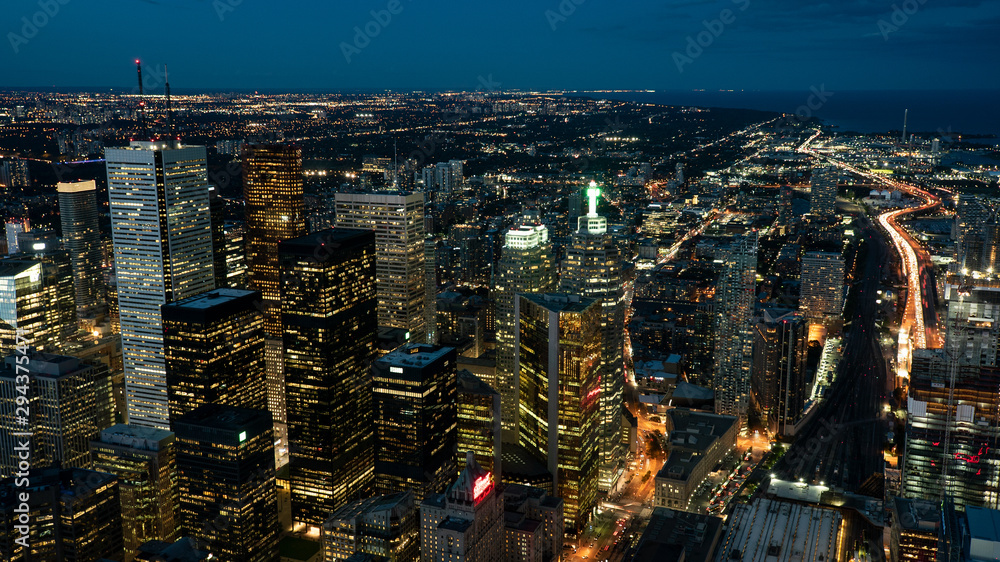 Aerial view of Downtown Toronto at night