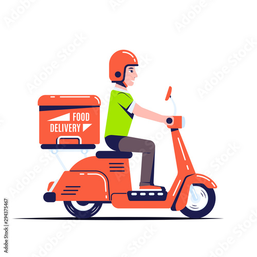 Delivery guy on scooter, flat style illustration