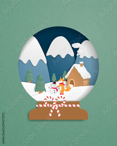 Christmas celebration greeting card in paper cut style. Baby fox making a snowman. Vector illustration. Design for backdrop, poster, banner, wallpaper.