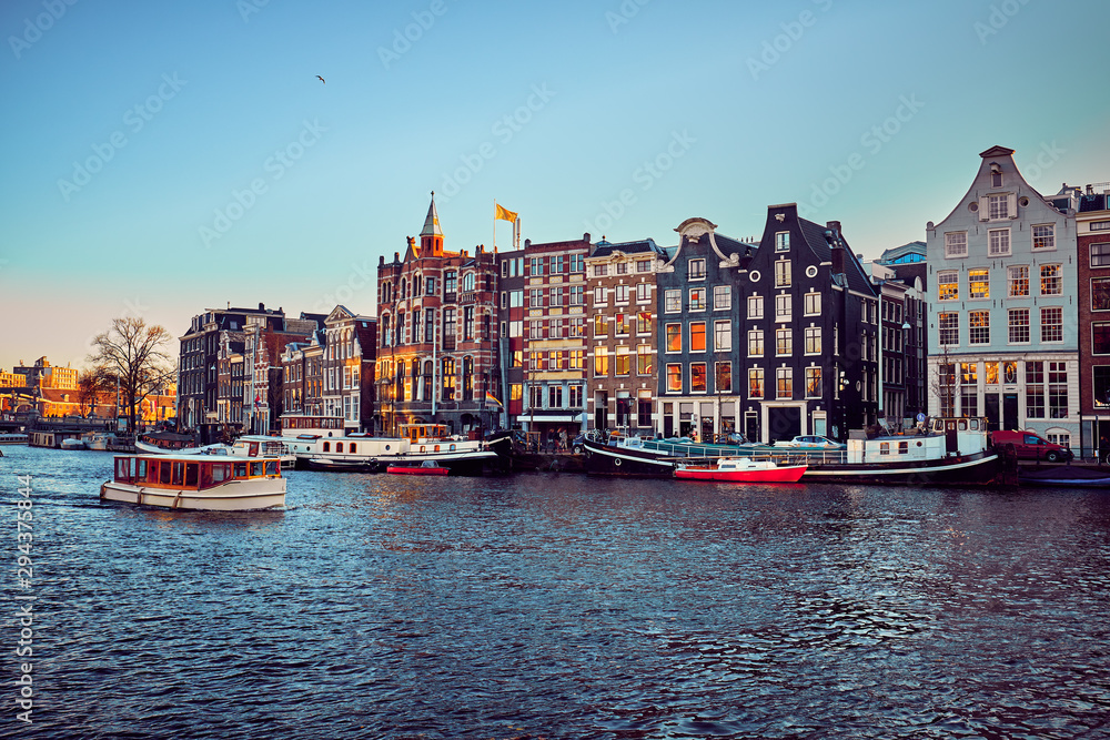 Boathouses and old houses in Amsterdam