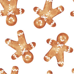Crédence de cuisine Aquarelle ensemble 1 patrons Gingerbread. Hand drawn watercolor seamless pattern traditional cookies with icing sugar, gingerbread man. Elements for holiday, cards, wrapping paper.  © BloomPix