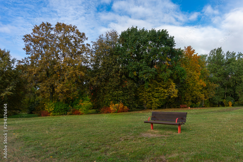 Autumn landscape with a lonely park bench