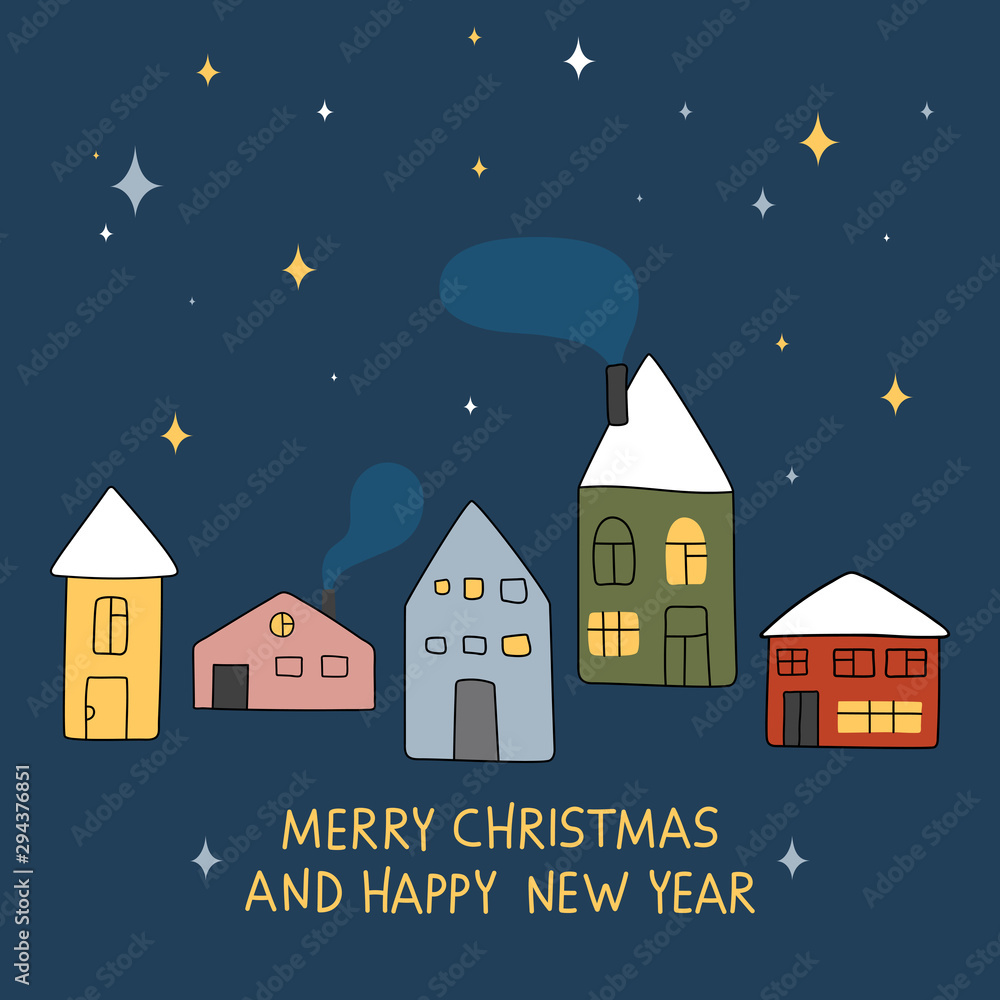 Creative hand drawn card with winter houses and stars: Happy New Year. Vector illustration for winter holidays and Christmas design
