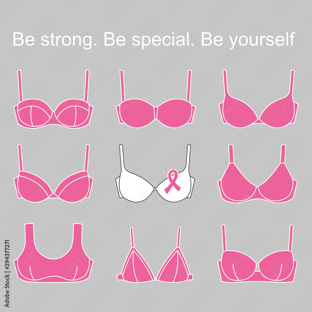 Set of pink bras and ribbon symbolizing Breast Cancer Month. A call for  women around the world to take care of their health and get a breast test  Stock Illustration