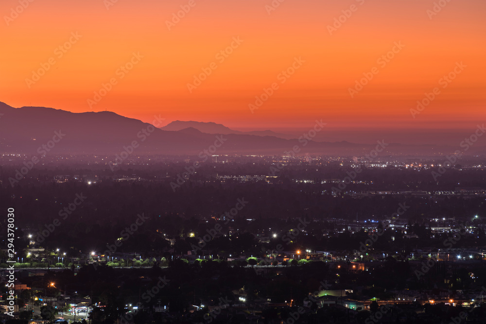 Dawn view towards Burbank from Chatsworth in the San Fernando Valley area of Los Angeles, California.  