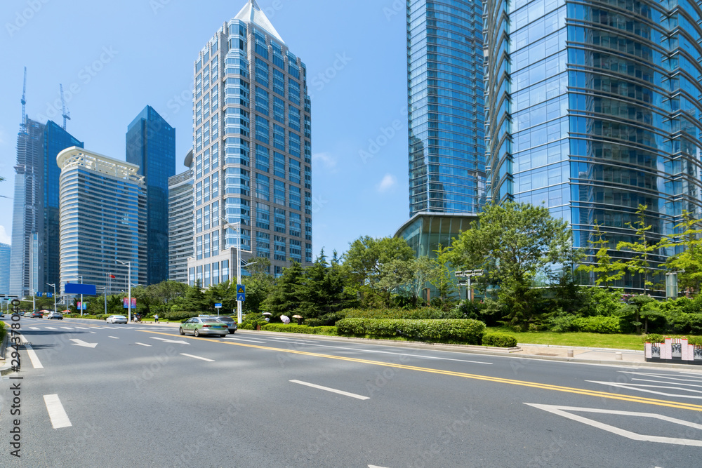 empty highway with cityscape and skyline of qingdao,China.