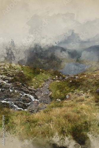 Digital watercolor painting of Landscape image of Llyn Idwal in Glyders mountain range in Snowdonia