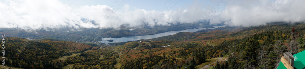 Panorama Lake Tremblant and Mont-Tremblant village from top of Mont Tremblant. Quebec. Canada