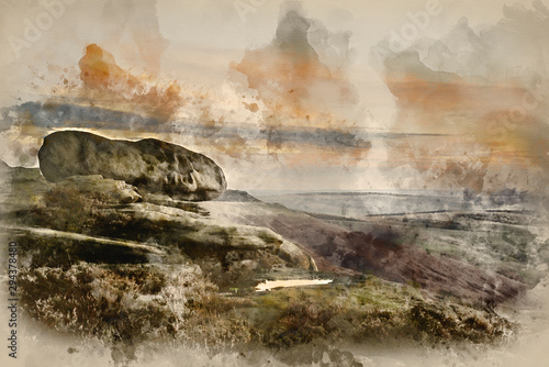 Digital watercolor painting of Beautiful Autumn Fall landscape of Hope Valley from Stanage Edge in Peak District