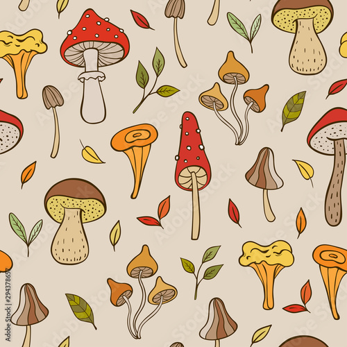 Autumn pattern with forest mushrooms