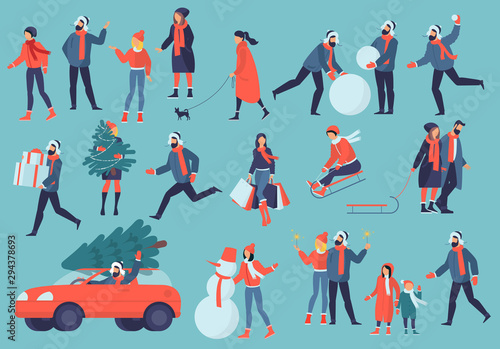 Set of vector people characters and winter christmas and new year activities . Seasonal design elements set for christmas and new year banner, poster, presentation, website and mobile app design.