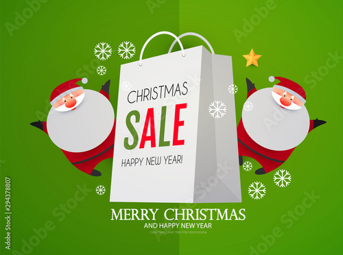 Christmas Sale design template with cute papercraft Santa Claus, shopping bag and holiday decoration.