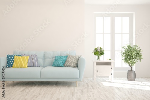 Stylish room in white color with sofa. Scandinavian interior design. 3D illustration