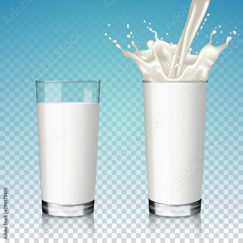 Realistic transparent glass of milk set (splashing and pouring milk) , isolated on transparent background.