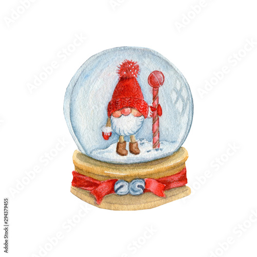 Christmas watercolor illustration with a cute gnome in a snow globe. Design element for invitations, greetings and post card.
