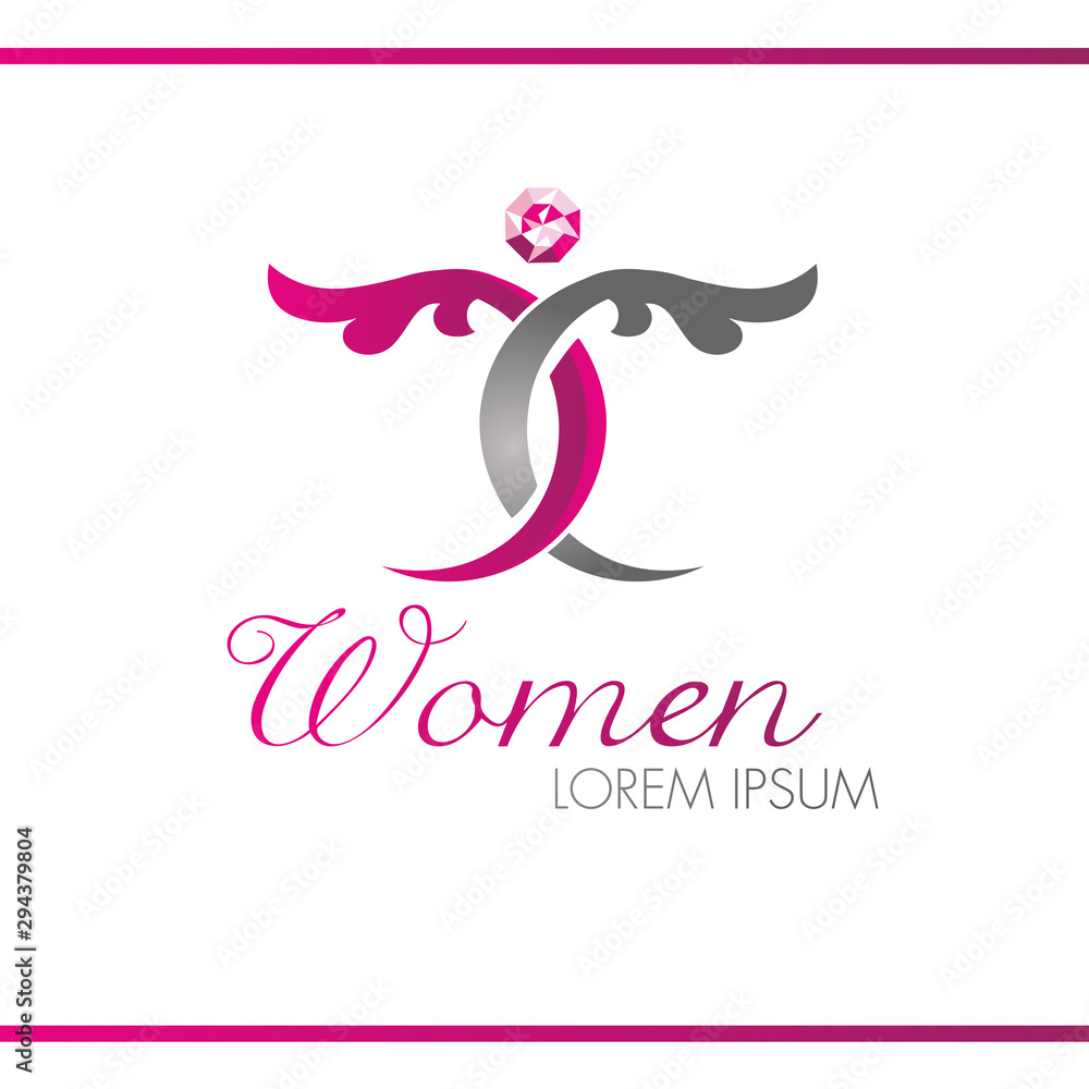 Abstract female floral logo vector design template. Decorative leaves with diamond. Woman with wings silhouette with diamond. 3d effect