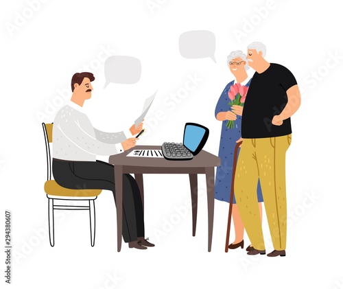 Social worker. Elderly couple at social worker. Paperwork, employee of government agency at work. Vector elderly characters