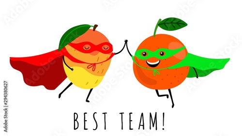 Super fruits. Smiling fruit superheroes vector illustration. Best team cute print isolated on white background