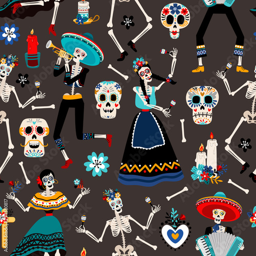 Dia de los muertos, mexican day of the dead pattern with skulls, skeletons and flowers, vector illustration