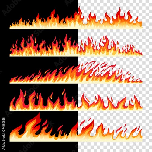 Horizontal seamless fire borders on checkerd and black bacground, vector icons collection