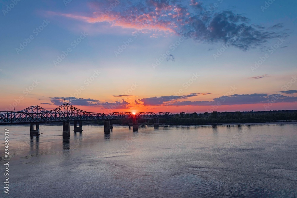 Orange sunset over the Mississippi river 